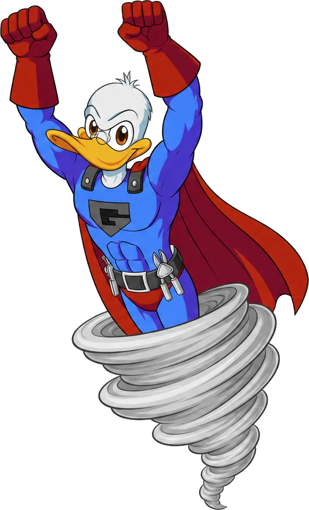 Gray Duct mascot flying