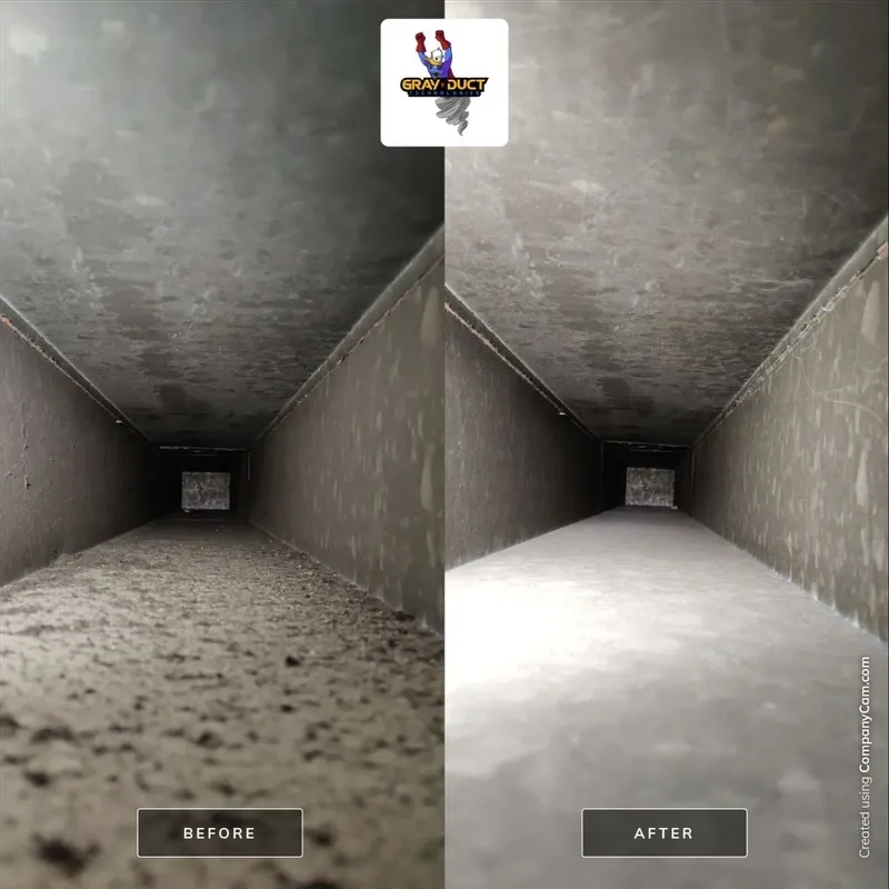 A Twin Cities air duct shown before and after a Gray Duct cleaning: heavy dust and debris on the left, clean bare metal on the right.